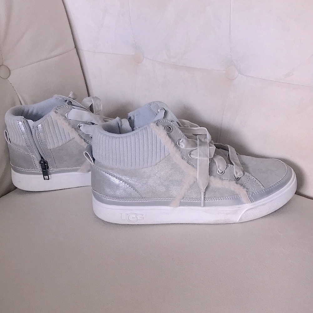 UGG Silver Gray Suede Sherpa Sneakers, 6